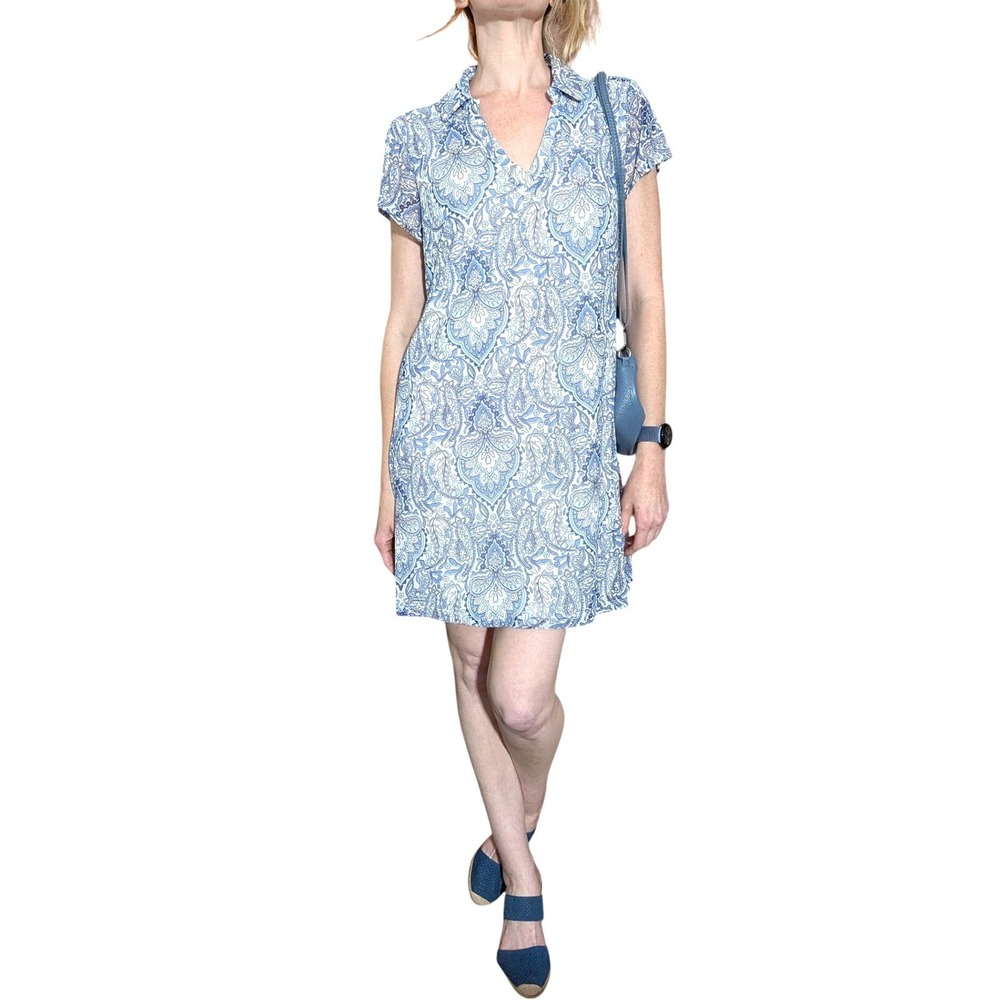 Harper 241 Blue Paisley Collar Shift Dress Cap Sleeve Casual Resortwear Y2K Sz M